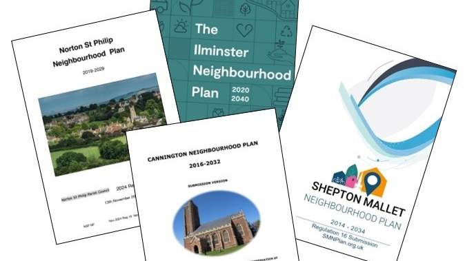 Neighbourhood Plan covers for Norton St Philip, Cannington, Shepton Mallet and Ilminster parishes.