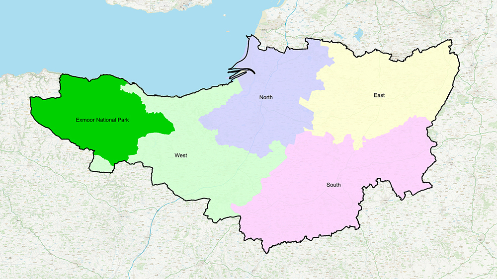 Map of Somerset Council area divided into planning areas North, South, East, West and Exmoor National Park.