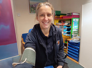 Sarah Atkins, Early Years Practitioner at Cutcombe School having her blood pressure checked as part of the Take the Pressure Off Campaign.