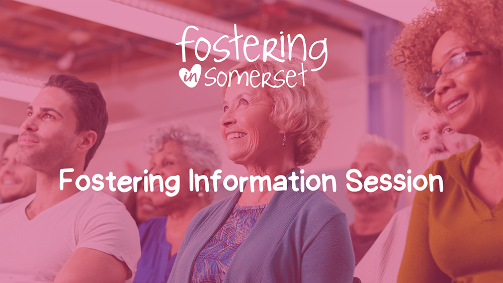 A group of people enjoying themselves whilst sat down at a meeting, captioned: 'Fostering Information Session'.