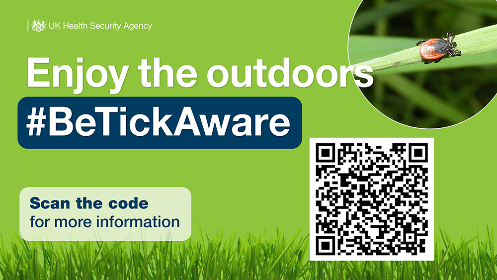 UKHSA-branded graphic featuring a tick on a blade of grass and a QR code, captioned: 'Enjoy the outdoors #BeTickAware'.
