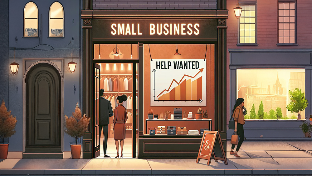 A small business storefront with a 'Help Wanted' sign and a graph showing a downward trend in the background.