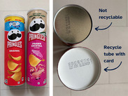 Pringles tubes: Original & Prawn flavour (left) + bases (right). Metal (non-recyclable) vs card (recyclable). Dual photos showcase both.