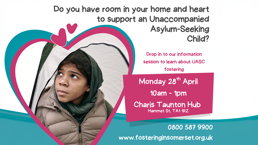Fostering in Somerset graphic featuring a child refugee in a heart, captioned: 'Do you have room in your home to support an asylum-seeking child?'