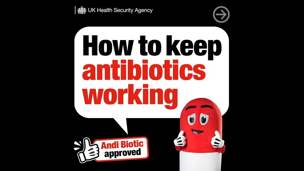 UKHSA branded graphic featuring a pill capsule with thumbs up, captioned: 'How to keep antibiotics working'.