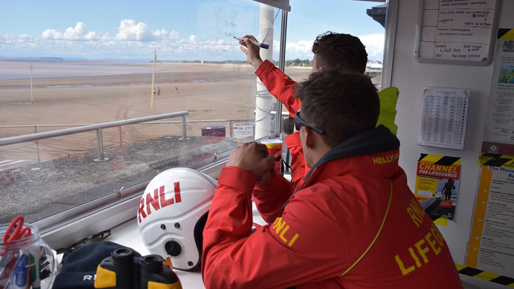Lifeguards looking out from within their watchtower at Burnham-on-Sea.