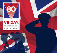 VE Day 80 graphic featuring WWII outline of a British Soldier and Union Jack.