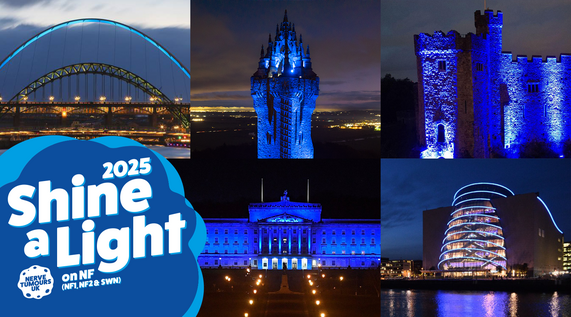 Nerve Tumours UK-branded graphic featuring a collage of landmarks illuminated in blue light at night, captioned: 'Shine a light 2025'.
