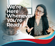 Stop Loan Sharks Week 2025 graphic featuring an advisor speaking to a woman, captioned: ‘We’re here whenever you’re ready’.