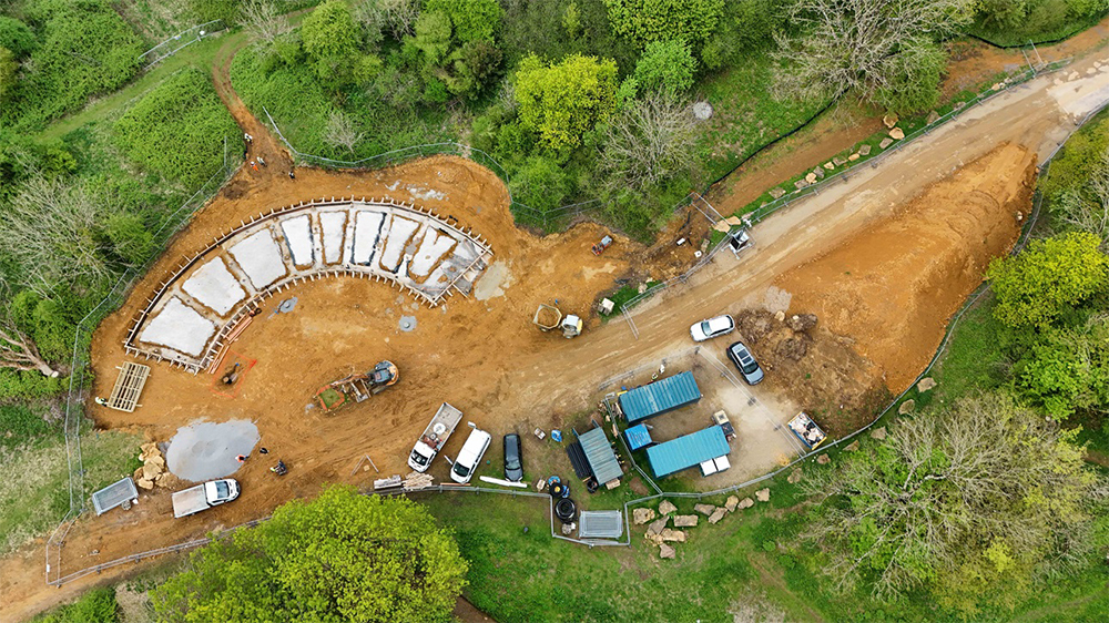 Arial view of Ham Hill Visitor Centre taken on 24 April 2025.