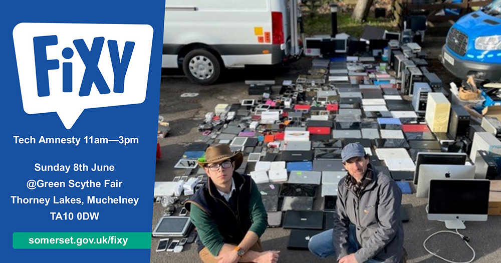 Fixy-branded graphic promoting a Tech Amnesty event at Green Scythe Fair, featuring staff posing with rows of donated tech.