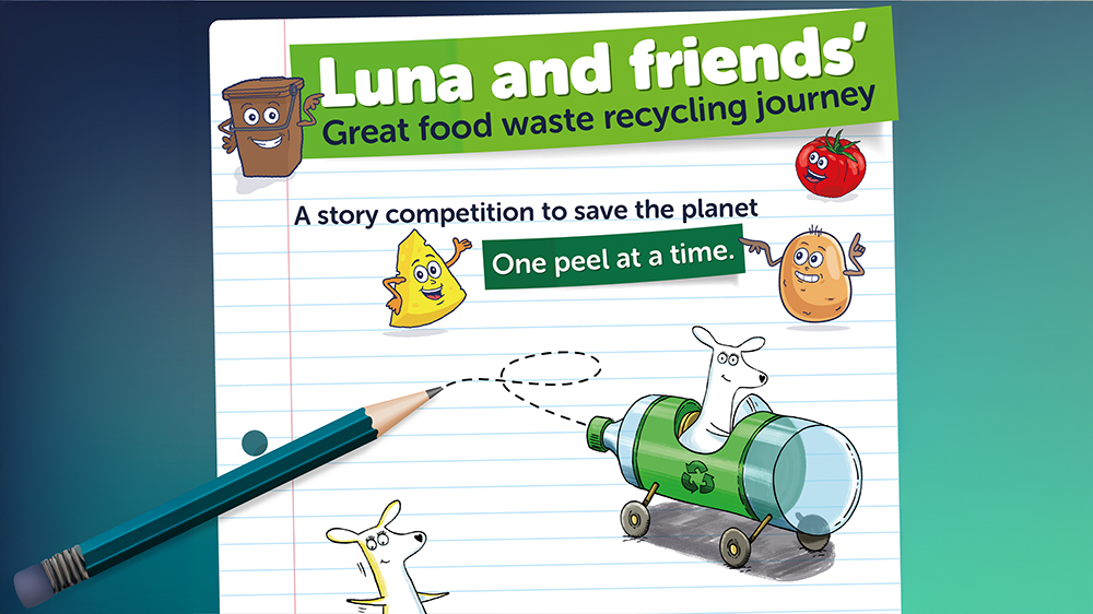 Poster for Luna and friends' story contest on food waste recycling, with animated food characters and a pencil on lined paper.
