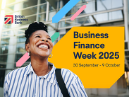 British Business Bank branded graphic featuring a black business woman smiling, captioned: 'Business Finance Week 2025'.