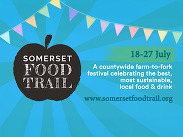 Somerset Food Trail poster with dates 18–27 July, promoting a countywide farm-to-fork festival celebrating sustainable local food and drink.