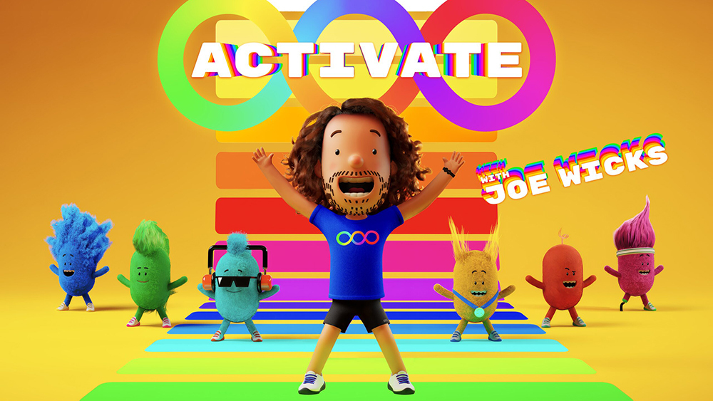 Animated characters of Joe Wicks and 6 colourful Activators enjoying exercising, captioned: 'Activate with Joe Wicks'.