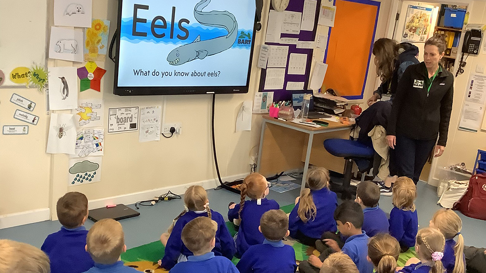 BART team members holding an eel workshop with Year 2 pupils at Shepton Mallet Infants’ School.