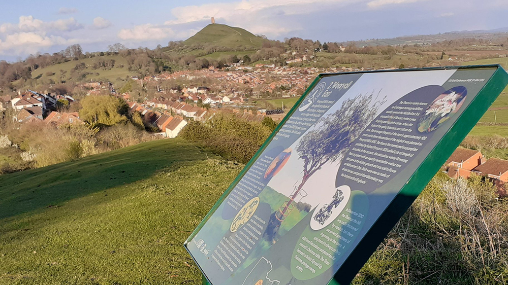 A way board on Wearyall Hill with Glastonbury Tor in the distant horizon.