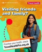 Woman with backpack and suitcase in front of a map promoting travel health advice from TravelHealthPro and UK Health Security Agency.