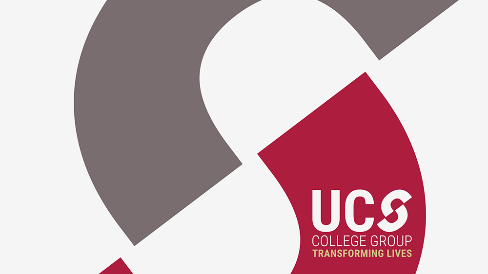 UCS College Group logo with the tagline “Transforming Lives” on a geometric background in grey and red.