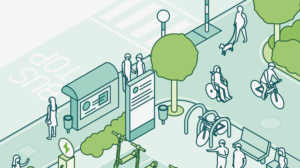 Illustration of a bus stop with people walking, cycling, and using wheelchairs on a tree-lined pavement with benches.