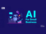Promotional graphic for “AI For Small Business” with a robot holding a megaphone, gears, and growth charts in the background.