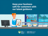 Food Standards Agency poster with a person holding a checklist, promoting customer safety and guidance for businesses.
