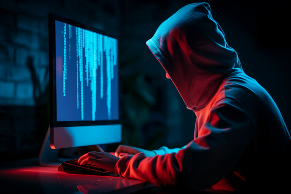 Person in a hoodie typing on a keyboard with blue code on screen in a dimly lit room with red and blue lighting.