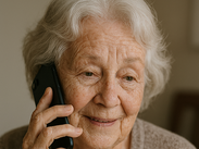Elderly person with gray hair holding a black smartphone to their ear, wearing a brown sweater and pinkish-brown shirt.