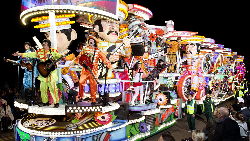 Image of a brightly lit carnival cart taking part in Bridgwater Carnival.