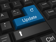 Stock image close-up of a keyboard with a large blue “Update” key replacing the Enter key by Tumisu from Pixabay.