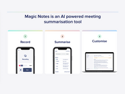 Magic Notes AI tool shown in three steps—record, summarise on phone, and customise summary on laptop.