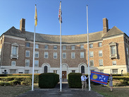 The flag of Vinnytsia in Ukraine being raised outside County Hall in Taunton.