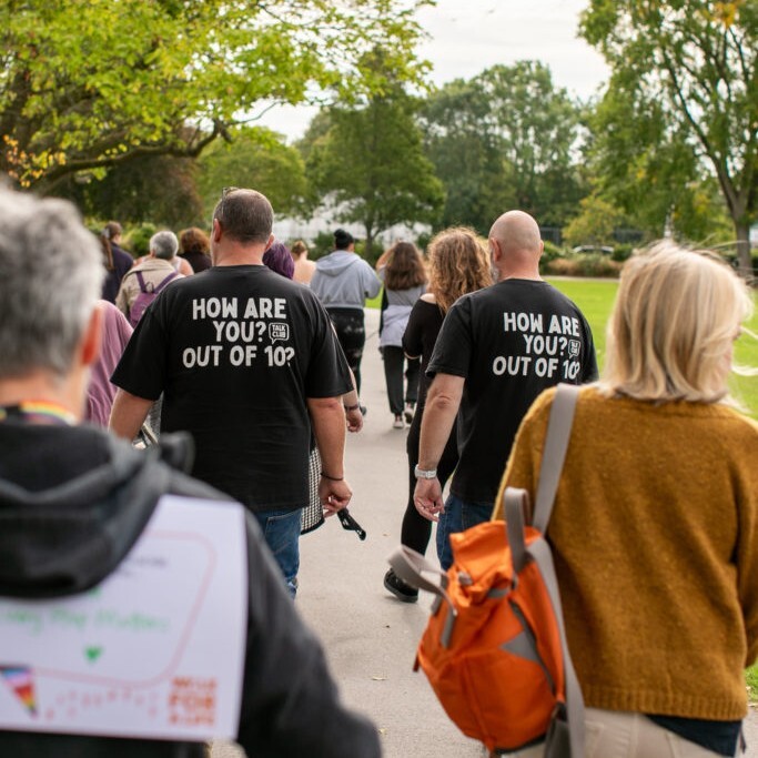 People at the walk for a life event wearing a top that says 'how are you? out of 10?'
