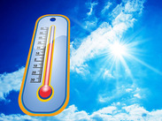 Stock image of a thermometer showing high temperature under a bright sunny sky by Stefan Schweihofer from Pixabay.