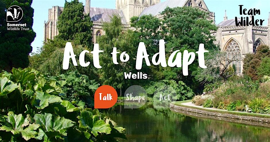 Somerset Wildlife Trust poster with “Act to Adapt Wells” over garden and cathedral background promoting nature conservation.