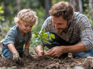 Stock image of a father and son planting a small tree together in a forested area by Tung Lam from Pixabay.