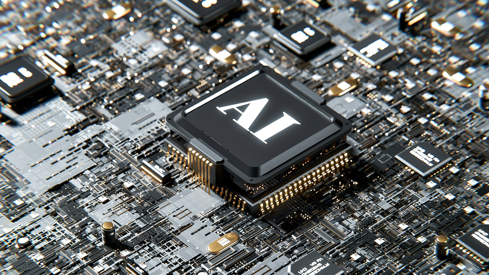 Stock image of a motherboard featuring a central AI chip surrounded by microchips and electronic components by Igor Omilaev from Unsplash.
