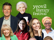 Promotional poster for Yeovil Literary Festival 2025 with author photos, event dates 17–27 October on a green background.