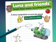 Poster for Luna and friends' story contest on food waste recycling, with animated food characters and a pencil on lined paper.