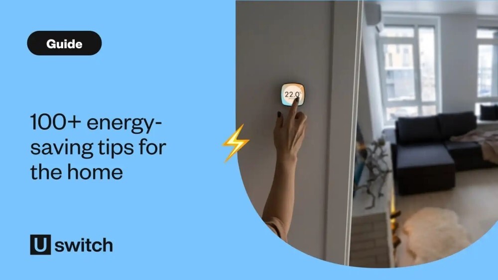 Hand adjusting smart thermostat to 22°C in a modern living room, alongside text promoting 100+ home energy-saving tips.