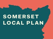 Graphic showing the words ‘Somerset Local Plan’ in bold on a teal map silhouette against a coral background.