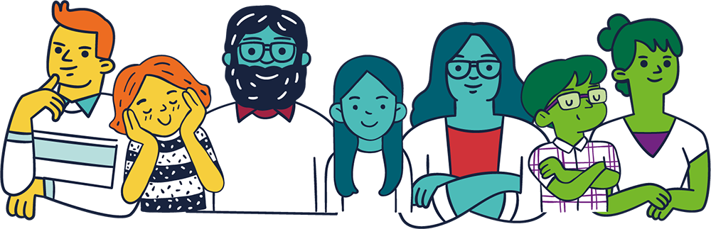 Illustration of a diverse group of people standing together, representing community involvement in The Families First Partnership Programme.