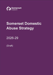 Cover page of Somerset Council’s draft Domestic Abuse Strategy for 2026–29, displayed on a purple background with white text.