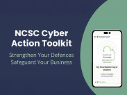Graphic promoting NCSC Cyber Action Toolkit with a phone screen showing personalised cyber security actions for small businesses.