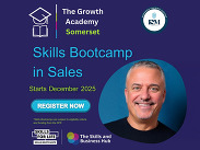 Promotional graphic for The Growth Academy Somerset Skills Bootcamp in Sales starting December 2025 with register now button.