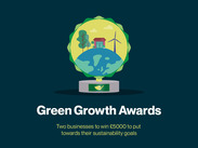 Green Growth Awards graphic showing a globe with a tree, house and wind turbine, promoting £5,000 grants for sustainability goals.