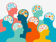 Illustration of diverse human profiles with colourful brain graphics symbolising different skills, talents and ways of thinking.