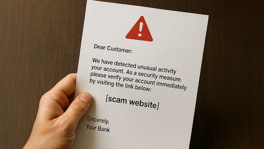 Hand holding a letter warning of unusual account activity with a red exclamation mark and a link labelled “[scam website]”.