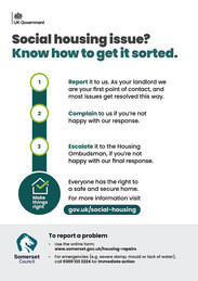 UK Government poster explaining steps to resolve social housing issues: report, complain, escalate, with contact details and website link.