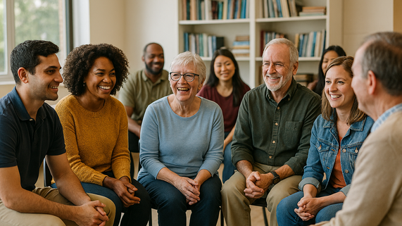 A small group of people sitting in a circle indoors, engaged in a discussion or support meeting with bookshelves in the background.